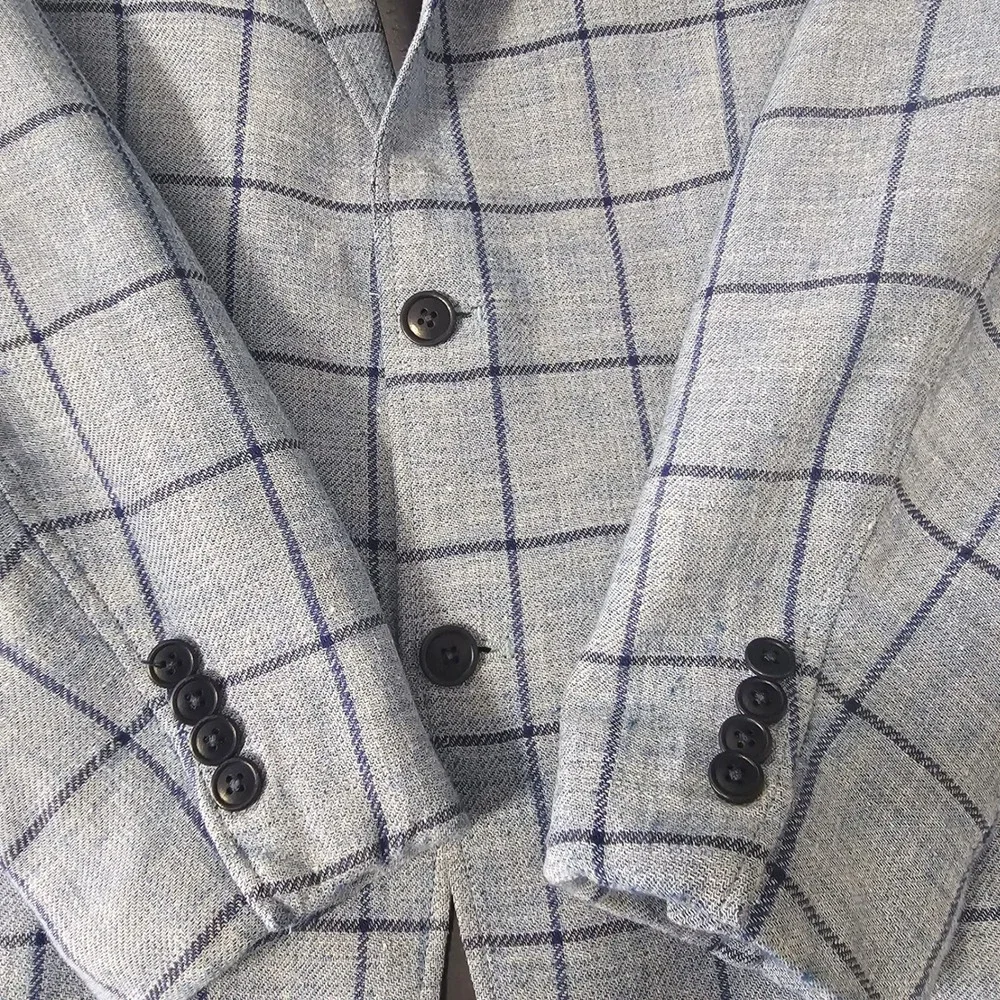 UNTUCKit Bierzo Blazer 42R Blue Windowpane Linen Wool Lanificio F.G Italy Luxury